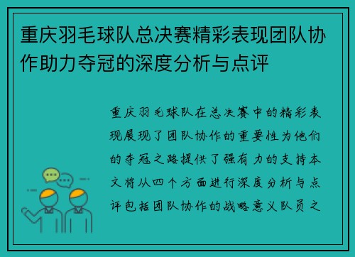 重庆羽毛球队总决赛精彩表现团队协作助力夺冠的深度分析与点评